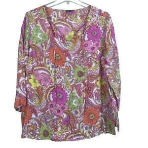 Talbots Pink Floral & Paisley Poet Top 100% Silk Size Large Petite